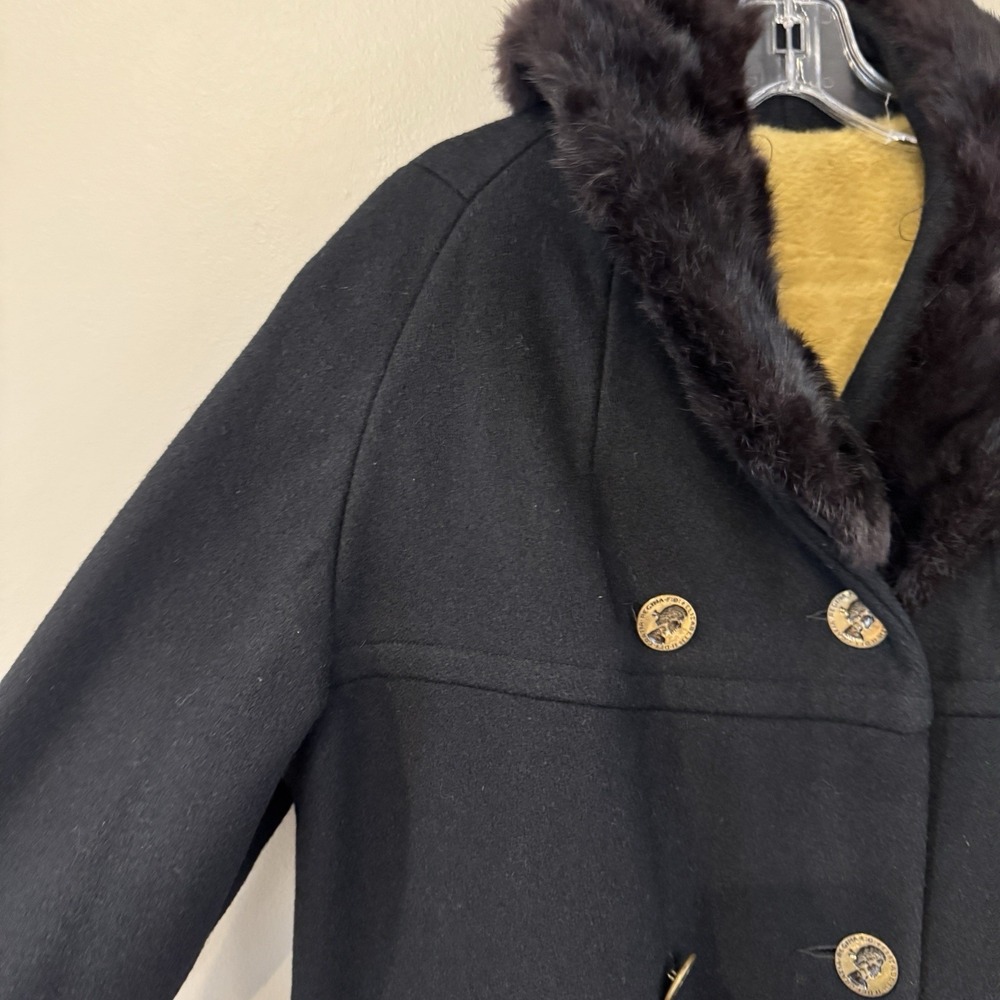 VTG Wool Trench Coat Women M Black Fur Lined & collar Brass Queen Elizabeth Btn - Picture 8 of 10